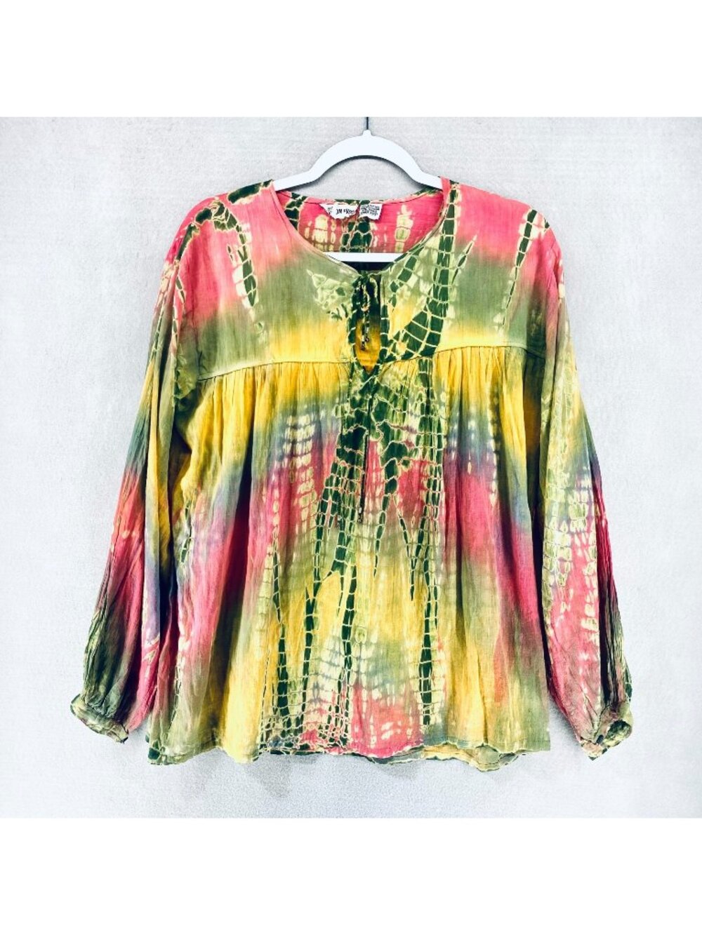 Vintage Cottagecore Top Womens L Multicolor Cotton Tie Dye Lightweight Blouse